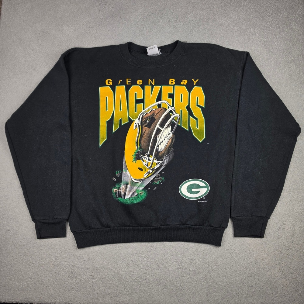 Vintage Green Bay Packers Sweatshirt Mens Large Angry Football Black 1995 NFL